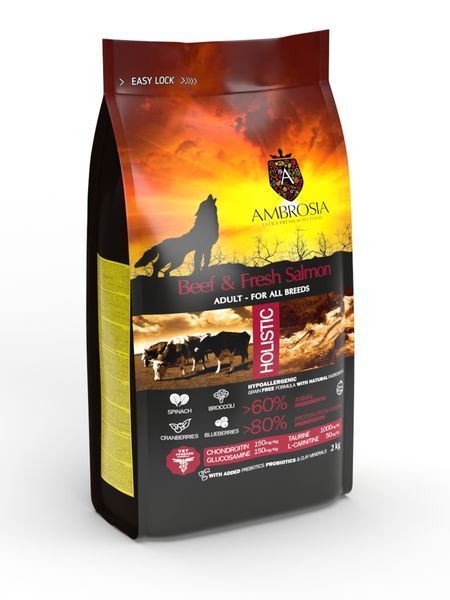 Беззерновой корм Ambrosia Grain free с говядиной и свежим лососем для взрослых собак всех пород 2кг 5656 фото