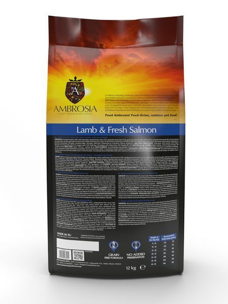 Беззерновой корм Ambrosia Grain free с ягнёнком и свежим лососем для взрослых собак всех пород 12кг 5659 фото