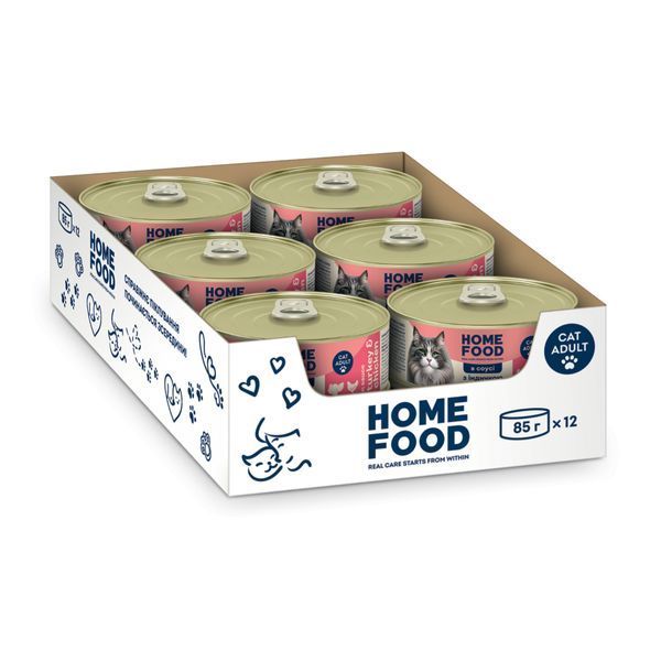 Повнораціонний консервований корм HOME FOOD для дорослих котів з індичкою та куркою в соусі, 85 г * 12 шт 7010019_box фото