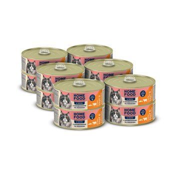 Повнораціонний консервований корм HOME FOOD для дорослих котів з яловичиною та лососем в желе, 85 г * 12 шт 7010015_box фото