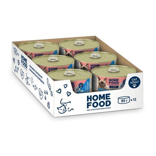 Повнораціонний беззерновий консервований корм HOME FOOD для стерилізованих/кастрованих дорослих котів з лососем та тунцем в соусі, 85 г * 12 шт 7010023_box фото