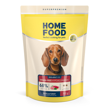 Беззерновий гіпоалергенний сухий корм HOME FOOD для дорослих собак малих порід Качка та індичка Grain-free hypoallergenic 700 г 1037077 фото