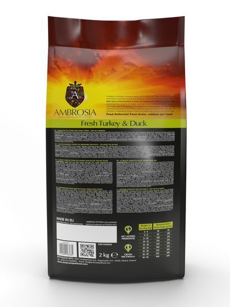 Беззерновой корм Ambrosia Grain free со свежей индейкой и уткой для взрослых собак всех пород 12кг 5663 фото