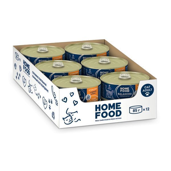 Повнораціонний беззерновий консервований корм HOME FOOD для стерилізованих/кастрованих дорослих котів з куркою в желе, 85 г * 12 шт 7010025_box фото