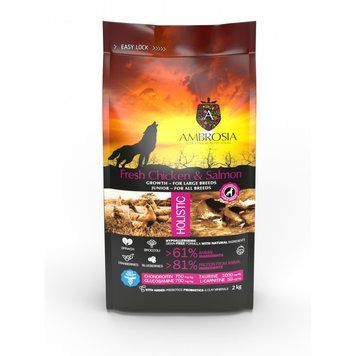 Беззерновой корм Ambrosia Grain free с курицей и свежим лососем для щенков крупных пород, 12 кг 5214000583790 фото