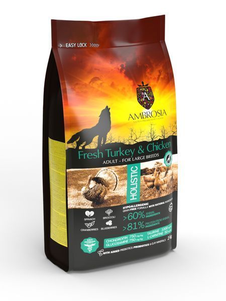 Беззерновой корм Ambrosia Grain free со свежей индейкой и курицей для взрослых собак крупных пород 2 кг 5668 фото