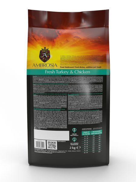 Беззерновой корм Ambrosia Grain free со свежей индейкой и курицей для взрослых собак крупных пород 2 кг 5668 фото