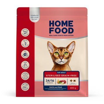 Беззерновой гипоаллергенный корм HOME FOOD для взрослых стерилизованных/кастрированных кошек Утка и груша Grain-free hypoallergenic. Suitable for exotic breeds, 400 г 3118004 фото