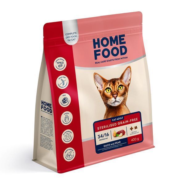 Беззерновой гипоаллергенный корм HOME FOOD для взрослых стерилизованных/кастрированных кошек Утка и груша Grain-free hypoallergenic. Suitable for exotic breeds, 400 г 3118004 фото