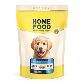 Гіпоалергенний сухий корм HOME FOOD для цуценят середніх і великих порід "Форель з рисом&rdquo; Hypoallergenic For Puppies 1,6 кг 2028016 фото