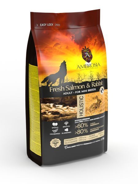 Беззерновой корм Ambrosia Grain free Sensitive с лососем и кроликом для взрослых собак мелких пород с чувствительным пищеварением 1,5кг 5672 фото