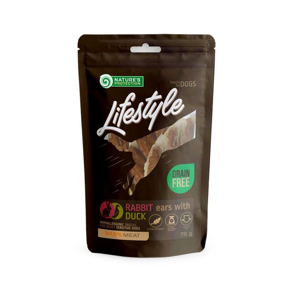 Лакомство для собак, кроличьи уши с уткой, Nature's Protection Lifestyle snacks for dogs, rabbit ears with duck, 75г SNK46136 фото