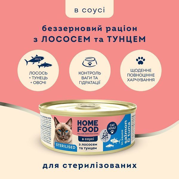 Повнораціонний беззерновий консервований корм HOME FOOD для стерилізованих/кастрованих дорослих котів з лососем та тунцем в соусі, 85 г * 12 шт 7010023_box фото