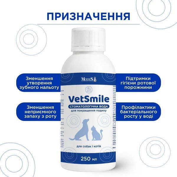 Стоматологічна вода Ветсмайл (VetSmile) для котів і собак, 250 мл, MODES ЗС000490 фото
