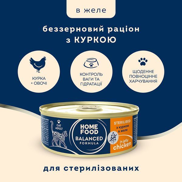 Полнорационный беззерновой консервированный корм HOME FOOD для стерилизованных/кастрированных взрослых кошек с курицей в желе, 85 г 7010025 фото