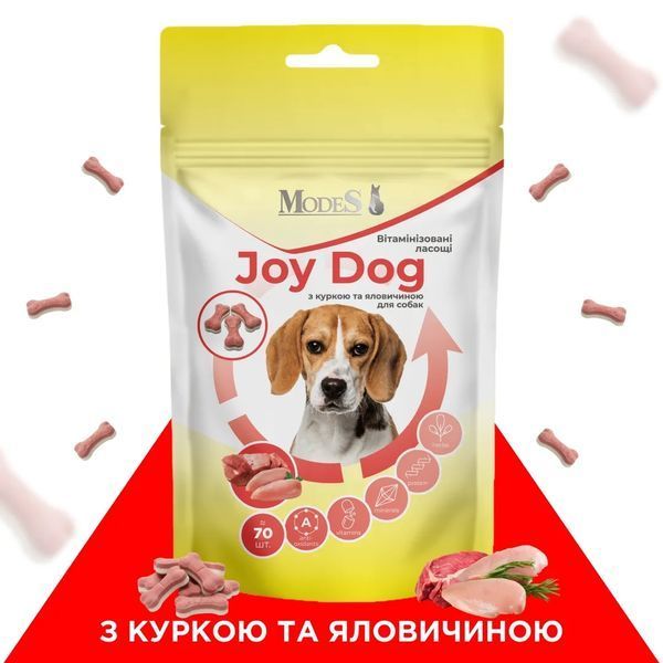 Вітамінізовані ласощі MODES Joy Dog для собак з куркою та яловичиною, 70 шт. ЗС000325 фото