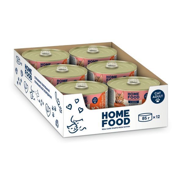Повнораціонний вологий корм HOME FOOD для стерилізованих/кастрованих дорослих котів з куркою та креветкою в желе, 85 г * 12 шт 7010055-12 фото