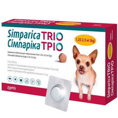 Симпарика ТРИО жевательные таблетки для собак 1,3-2,5 кг (3 табл) zoe00008 фото
