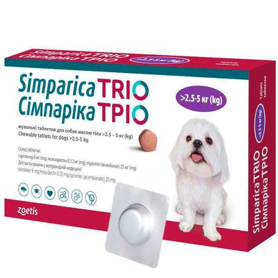 Симпарика ТРИО жевательные таблетки для собак 2,5 -5 кг (3 табл.) zoe00009 фото