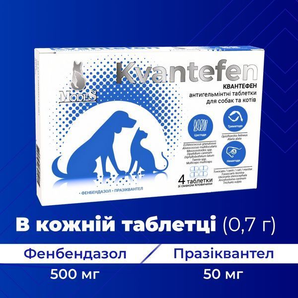 Квантефен (Kvantefen) антигельмінтні таблетки для собак та котів 1 таб на 10кг (4 табл.), MODES (від бліх, від кліщів, від гельмінтів) ЗС000337 фото