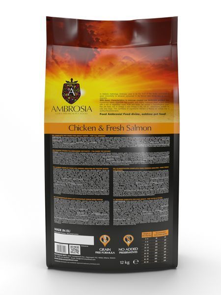 Беззерновой корм Ambrosia Grain free с курицей и свежим лососем для взрослых собак всех пород 2кг 5654 фото