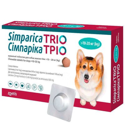 Симпарика ТРИО жевательные таблетки для собак 10-20 кг (3 табл.) zoe00011 фото