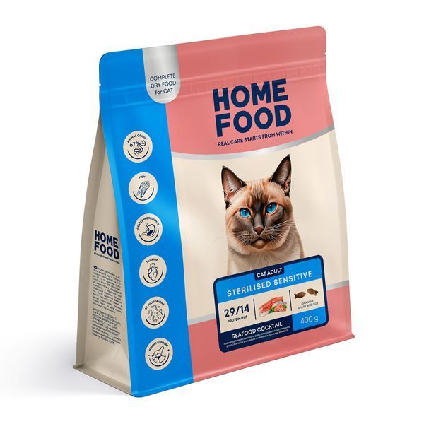 Гіпоалергенний сухий корм HOME FOOD для стерилізованих/кастрованих дорослих котів Морський коктейль Hypoallergenic For sterilised/neutered 400 г 3068004 фото